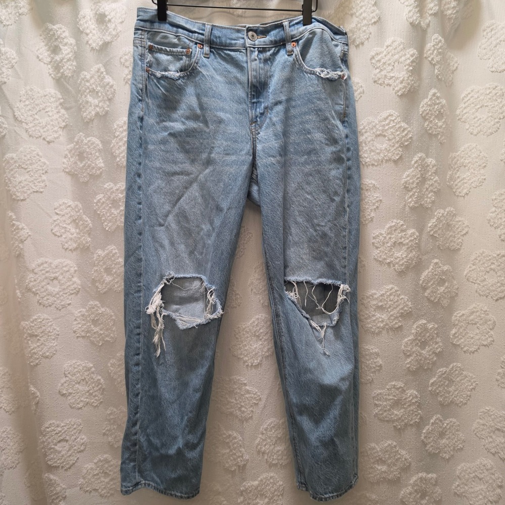 American Eagle 90s Straight Distressed Light Wash Jeans Womens 14 Short Cotton‎